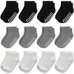 JAKIDAR 12 Pair Baby Toddler Socks Non-Slip Grip Cotton Ankle Socks for Boys Girls Non Skid Soles for Infants Kids, Black/Gray/White, 6-12 Months