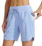 Willit Women's 7" Athletic Running Shorts Long Workout Hiking Shorts Quick Dry High Waisted Active Shorts Zipper Pocket Light Blue L