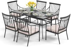 PHI VILLA 7 Piece Patio Dining Table Set with Cushion, Large Rectangular Metal Dining Table with Umbrella Hole & 6 Cushioned Iron Chairs for Outdoor, Deck, Yard