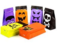 UNIQOOO 72Pcs Halloween Trick or Treat Bags Bulk,7x3½ x2 Inch,Food Safe Grade Paper Pastry Candy Cookie Goodie Bags,Haunted House Party Favor Supplies Decoration for Kids, 6 Cartoon Designs w/Stickers