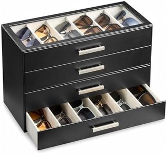 ProCase 24 Slots Sunglasses Organizer, 4-Layer Eyeglass Holder with Clear Glass Lid, PU Leather Glasses Storage Display Case for Men Women -Black