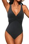 JFAN Womens One Piece Swimsuit Ruched Tummy Control Swimming Costume Women V Neck Ladies Vintage Halter Neck Bathing Suit,Black,S