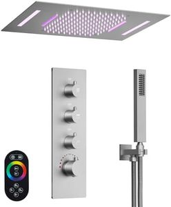 GRANDJOY Thermostatic Rainfall Shower System, 23" x 15" Ceiling Waterfall Faucet Set with Handheld Sprayer & 64 Led Light, Brushed Nickel