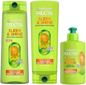 Garnier Fructis Sleek & Shine Shampoo, Conditioner + Leave-In Conditioer Set for Frizzy, Dry Hair, Plant Keratin + Argan Oil (3 Items), 1 Kit (Packaging May Vary)