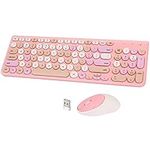 Wireless Keyboard and Mouse Combo, Retro Typewriter Wireless Keyboard with Round Keycaps, 2.4GHz Full-Size USB Cute Wireless Keyboard Mouse for Computer, Desktop, Laptop and Computer (Pink-Colorful)