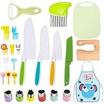 25 Pcs Kids Cooking Tools Set, Wooden Kid Safe Cooking Tools Including Apron, Peeler, Cutting Board, Crinkle Cutter, Fruit Stick, Sandwich Cutter for Kids Cooking Play