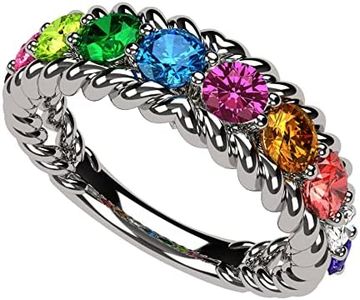 Central Diamond Center Rope Mothers Ring 1 to 10 Simulated Birthstones - Sterling Silver - Platinum Plated - Size 7