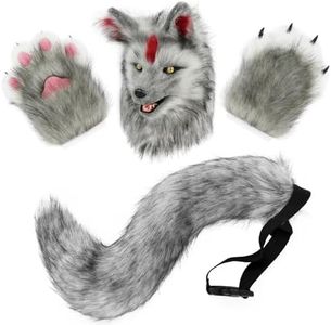hbbhml Animal Dog Head Mask Novelty Plush Tail Claw Paw Mittens Gloves Set Halloween Party Masquerade Costume Cosplay