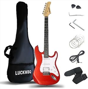 LUCKWBQ 39in Full Size Electric Guitar Beginners Kit,Electric Guitar Starter Kit，Red w/Aceesccories, Bag, Picks, Strap, 6 Strings, Tremolo Arm - Guitarra Electrica for Starters, Adults, Kids, Travel