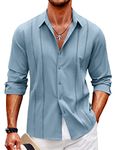 COOFANDY Mens Cuban Guayabera Shirt Casual Button Down Shirts Long Sleeve Beach Linen Shirts, Blue, XX-Large