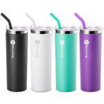 Bluwing 20 oz Double Wall Insulated Skinny Tumblers 4 Pack Stainless Steel Water Tumbler with Leak Proof Lid and Straw, Straw Brushes（Black-White-Teal-Purple）