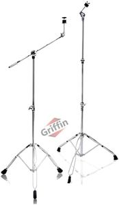 Cymbal Boom Stand & Straight Cymbal Stand Combo (Pack of 2) by GRIFFIN | Percussion Drum Hardware Set for Mounting & Holding Crash, Ride, Splash Cymbals | Arm Counterweight Adapter Kit & Double Braced