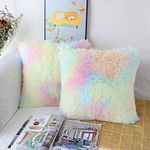 OYIMUA Set of 2 40 x 40cm Faux Fur Fluffy Cushion Covers Soft Throw Pillow Case 16x16 Rainbow Decorative Square Plush Pillowcase for Livingroom Sofa Bedroom