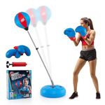 GYMAX Punching Bag for Adults & Teens, Boxing Equipment Set w/Height Adjustable Stand, Gloves & Pump, Free Standing Boxing Bag with Reflex Ball for Agility, Great Gift(Blue)