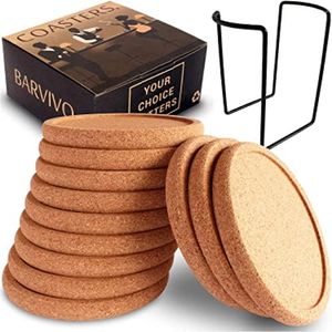 Barvivo Natural Cork Coasters for Drinks Absorbent - 12 Pcs w. Metal Holder - Wood Cork Coasters for Coffee Table - Drink Coasters for Tabletop Protection - Suitable for Drinks Coffee & All Table-Tops