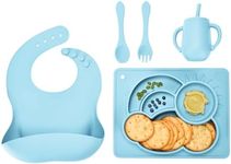 Childlike Behavior Baby Tableware Set of 5 Blue - Divided Suction Plate, Cup, Spoon, Fork, and Adjustable Bib - Ideal Baby Feeding and Toddler Weaning Supplies - Food Grade Silicone BPA Free