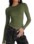 Zeagoo Women Basic Tops Long-Sleeved Shirt Y2K T-Shirt Slim Fit T-Shirts Casual Crop Top Crew Neck Tee Streetwear Army Green XS