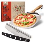 Chef Pomodoro Pizza Peel, Pizza Paddle with Safety Backstep and Foldable Wood Handle for Easy Storage, Metal Pizza Peel for Baking Homemade Pizza (30.5 x 35.6 cm + 35.5 Cutter)