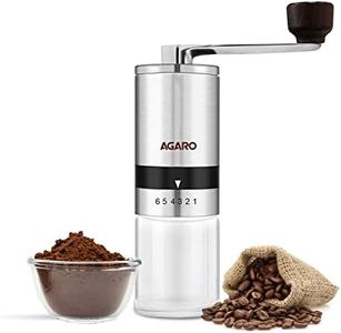 AGARO Elite Manual Coffee Grinder, Ceramic Grinder with Glass jar, 6 Adjustable Settings, Stainless Steel Body, Tooth Handle, No Power, Whole Bean, Drip Coffee, Espresso, Silver