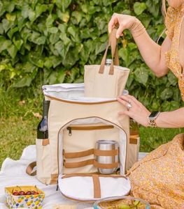 Handté Insulated Wine Cooler Backpack – Canvas & Vegan Leather Picnic Bag for up to 4 Bottles, Food, & Snacks | TSA Approved Removable Wine Bag, Cooler Compartment & Travel Strap