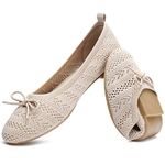 HEAWISH Women’s Flats Shoes Comfortable Black Beige Flats Crochet Lace Mesh Round Toe Slip On Casual Ballet Flats Dress Shoes, Beige, 7