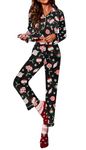 Ekouaer Silk Satin Pajamas Women's Long Sleeve Sleepwear Soft Button Down Pj Set 2 Piece Loungewear S-XXL, Christmas Black Print, X-Large