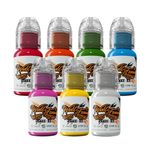 World Famous Tattoo Ink - 7 Color Simple Tattoo Kit - Professional Tattoo Ink in Color Assortment, Includes White Tattoo Ink - Skin-Safe Permanent Tattooing - Vegan & Non-Toxic (0.5 oz Each)