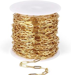 [33 Ft] Stainless Steel Paperclip Chains Roll, 3mm Width 18K Gold PVD Plated Stainless Steel Oval Link Chains Spool Bulk for Jewelry Making