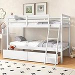 KOTEK Bunk Bed Twin Over Twin with 2 Storage Drawers, Solid Wood Bunk Bed Frame with Storage Cube, Guardrails, Ladder, No Box Spring Needed, Twin Bunk Beds for Kids Teens (White)