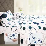 Story@Home Bedsheet | Fitted Bedsheet for Double Bed,186 TC, Blue & White, Circles, 100% Cotton Fitted Bedsheets King Size Bed 198 x 182cm with 2 Pillow 46 x 69cm Covers Perfect for Festive Gifting