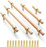 Susenya Wooden Knobs, Bar Knob T Style,T-Bar Cabinet Knobs,Single Hole T Bar Cabinet Pulls,2.36" Total Length,Wood Brass Knobs for Kitchen Cabinets,Natural Wood Color,12pcs