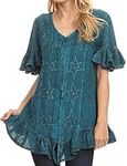 Sakkas 1663 - Sayle Long Star Embroidered Blouse Shirt Top with Button Front and Ruffles - Turquoise - S/M