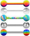 OUFER 5PCS 14G Stainless Steel Tongue Rings Barbell Rainbow Colorful Tongue Bar Piercing