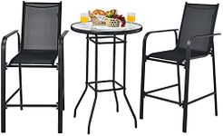 HAPPYGRILL 3-Piece Patio Bar Set Outdoor High Top Bistro Set with 2 Bar Stools and 1 Tempered Glass Top Table