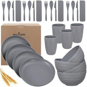 Wheat Straw Dinnerware Sets, Wheat Straw Plates and Bowls Sets for 4 Kitchen Dishes 28pcs College Dorm Room Essentials Cutlery Set Microwave Safe (Gray)