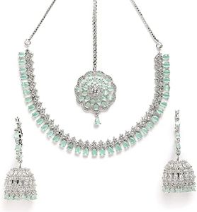 Zeneme Jewellery Sparkling American Diamond Collar Necklace with Designer Jhumka/Jhumki Earrings Maang Tikka for Women and Girls…, Standard, Gemstone, Cubic Zirconia