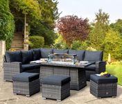 Rattan Garden Furniture with Fire Pit Table - Premium Series - 8 / 9 Seater Outdoor Furniture Rattan Corner Sofa Corner Garden Furniture Sets - FREE RAIN COVER (Dark Grey, Left Hand - Firepit Table)