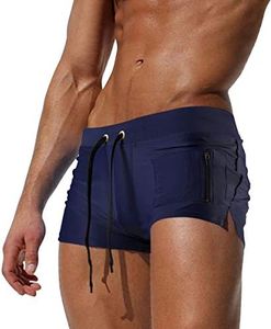 TONLEN Mens Swimwear Short Swim Trunks with Zipper Pocket, Dark Blue #1, Large