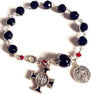 elegantmedical HANDMADE SILVETR Wire Wrap Black Agate Prayer Beads Bracelet Rosary Cross Catholic