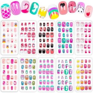240 Pieces Fake Nails for Kids Girls Artificial Kids Press on Nails Full Cover Short Acrylic Stick On Nails False Nail Tips Kit for Children Little Girls Nail Art Decoration (Cute)