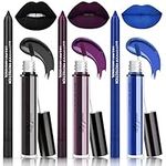 NewBang 3Pcs Dark Black Blue Purple Lipstick and Lipliner,Matte Liquid Lipstick Set,Black Lip Stain Lip Gloss and Lip Liner Waterproof Longlasting Lip Halloween Christmas Makeup