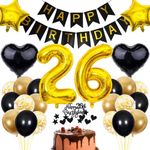 Cnrose 26th Birthday Decoration, Black Cake Decoration Birthday 26 Years Man Party Decoration Gold Black 26th Birthday Men Woman Cake Decoration 26th Birthday Women Birthday Decoration 26 Years Man