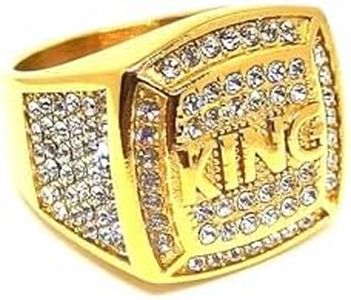 Fanshu Stainless Steel King Gold Plated Bling Iced Out Ring with Cubic Zirconia Stones for Men Women Friends Gift Bold Statement Fashion Jewelry, Non-Precious Metal, Created Zircon