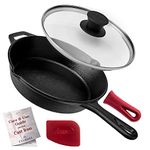 Cast Iron Skillet with Lid - 8"-Inch Frying Pan + Glass Cover + Silicone Grip Handle Holder - Pre-Seasoned Oven Safe Cookware - Indoor/Outdoor Use - Grill, Stovetop, Camping Firepit, Induction Safe