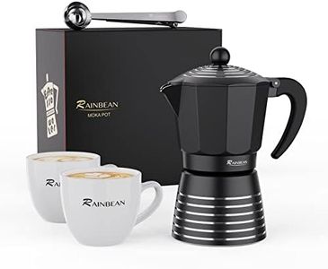 RAINBEAN Moka Pot 6 Cup Set Espresso Maker, Steam Italian Stovetop Coffee Makers Percolator, Aluminum Ripple Ring Design, Easy To Use & Clean, 2 Ceramic Cups | Stainless Spoon | Black