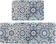 Jabogrii Anti Fatigue Kitchen Mat Set of 2 Blue Cushioned Kitchen Rugs Comfort Floor Mat PVC Waterproof Non Slip Kitchen Carpet Rug Runner for Sink Laundry 17"x48"+17"x28"