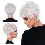 Pixie Cut Silver Wig, Slanted Bangs, Short Curly Hair, Fluffy White Wig, Middle-Aged and Elderly Womens Natural Hair for Daily Use