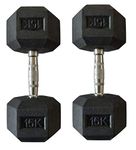 Body Maxx Hex Fixed Dumbbells 15 kg Pair, Rubber Dumbbell Set 15kg, Black Rubber Coated Dumbbells with Steel Grip Home Gym Fitness