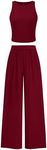 PRETTYGARDEN Womens Summer 2 Piece Sets Ribbed Knit Crew Neck Sleeveless Crop Tank Tops Wide Leg Pants Casual Lounge Set (Wine Red,Medium)