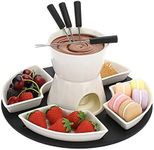 BSTKEY White Ceramic Chocolate Fondue Pot Set Cheese Ice Cream Warmer, 300ml Butter Fondue Set Tea Light Candle Fondue Pot with Wooden Pallet and 4 Forks and 4 Dishes